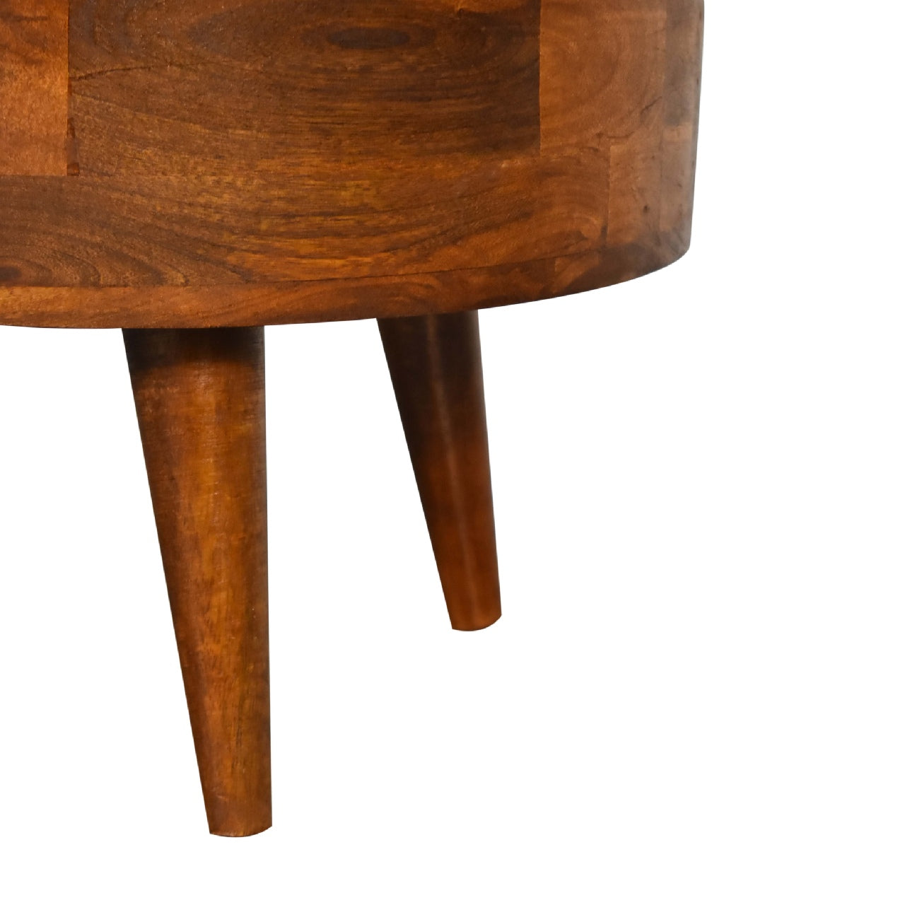 Rustic wooden barrel coffee table with tapered legs natural finish