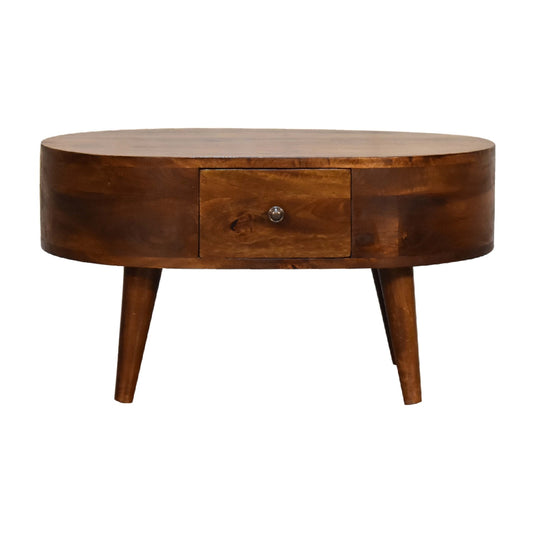 Round wooden coffee table with one drawer and tapered legs