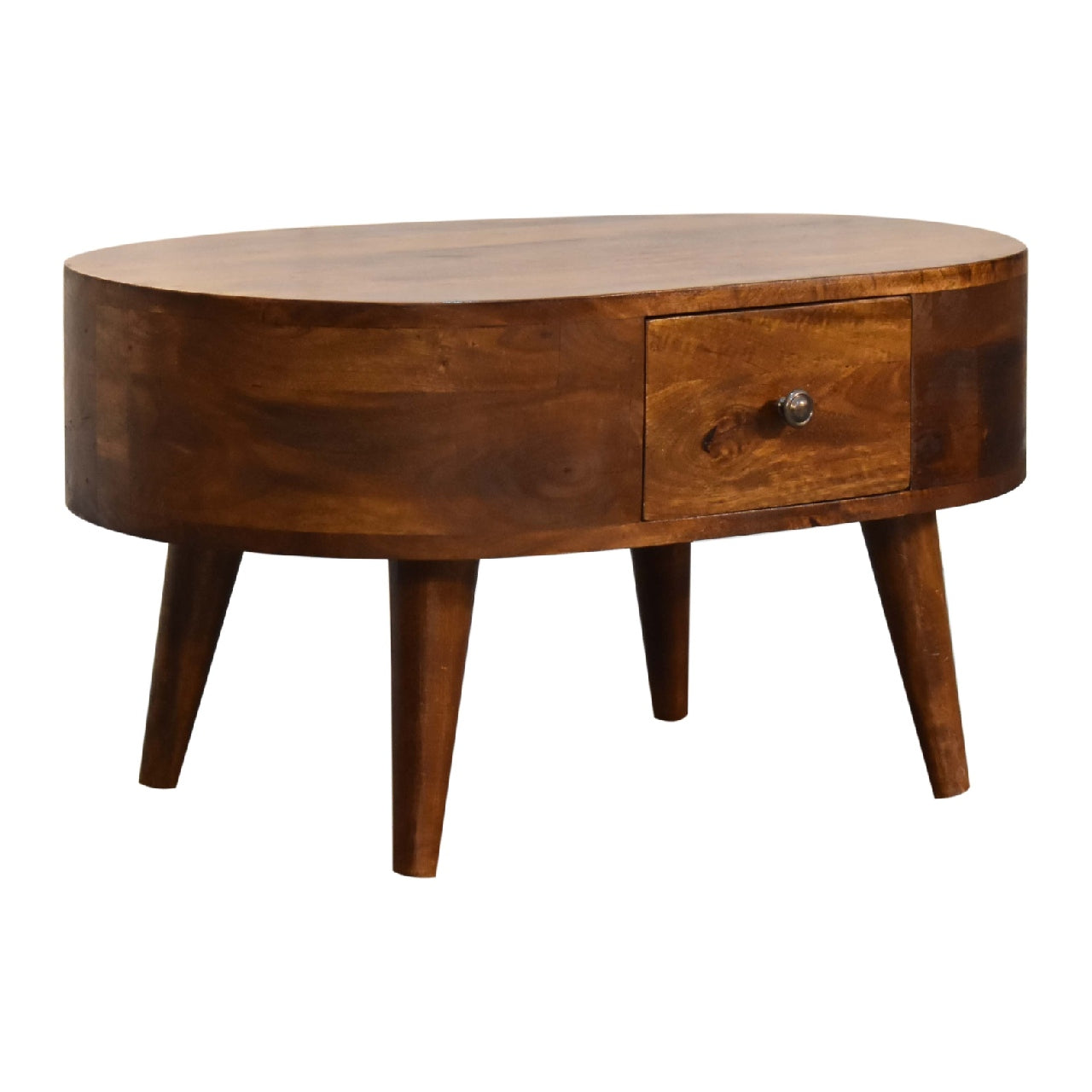 Oval walnut coffee table with single drawer and tapered legs
