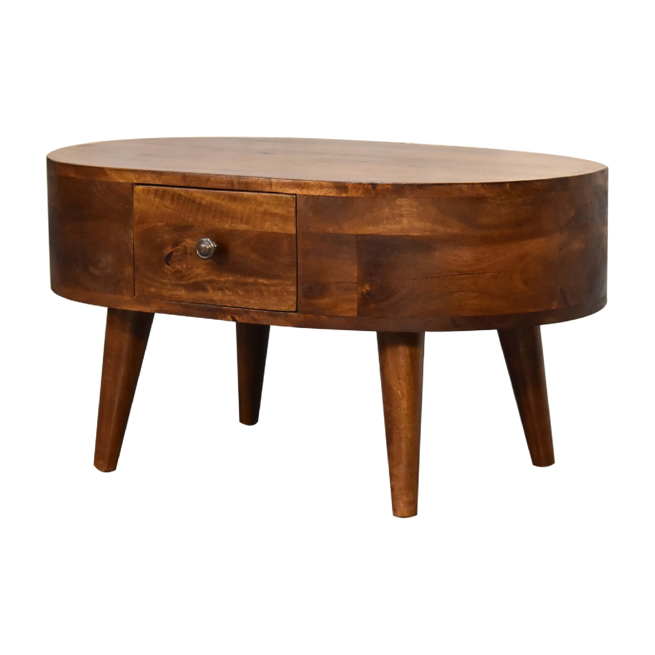 Oval wooden coffee table with a single drawer and a smooth dark finish
