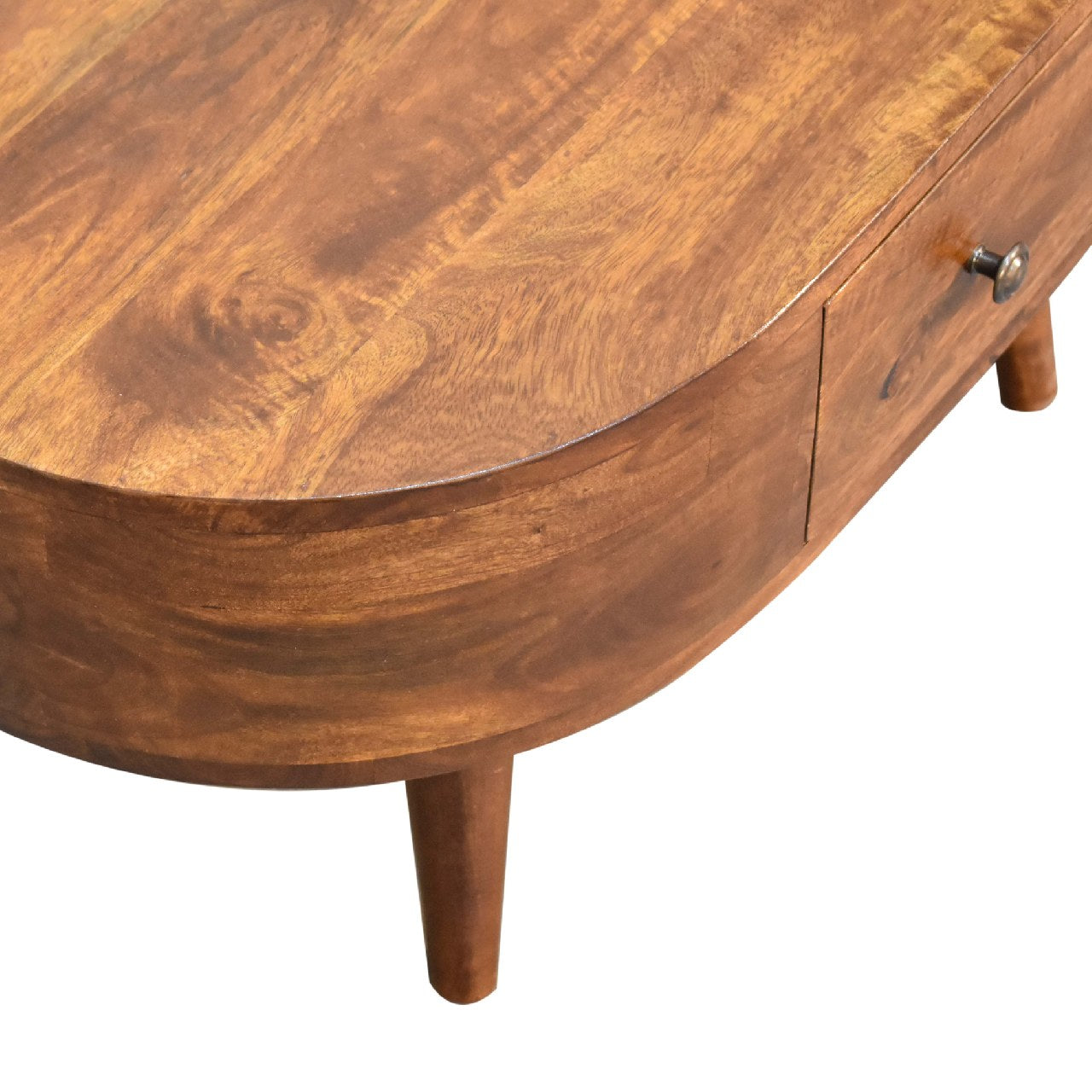 Oval mango wood coffee table with drawer and tapered legs