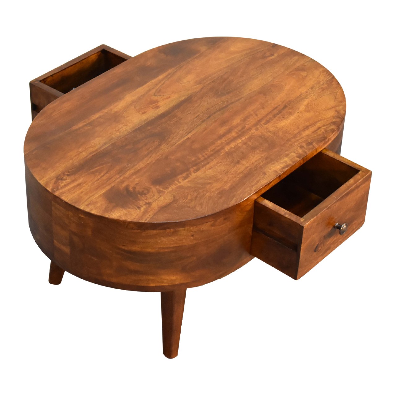 Oval wooden coffee table with two drawers and natural wood finish
