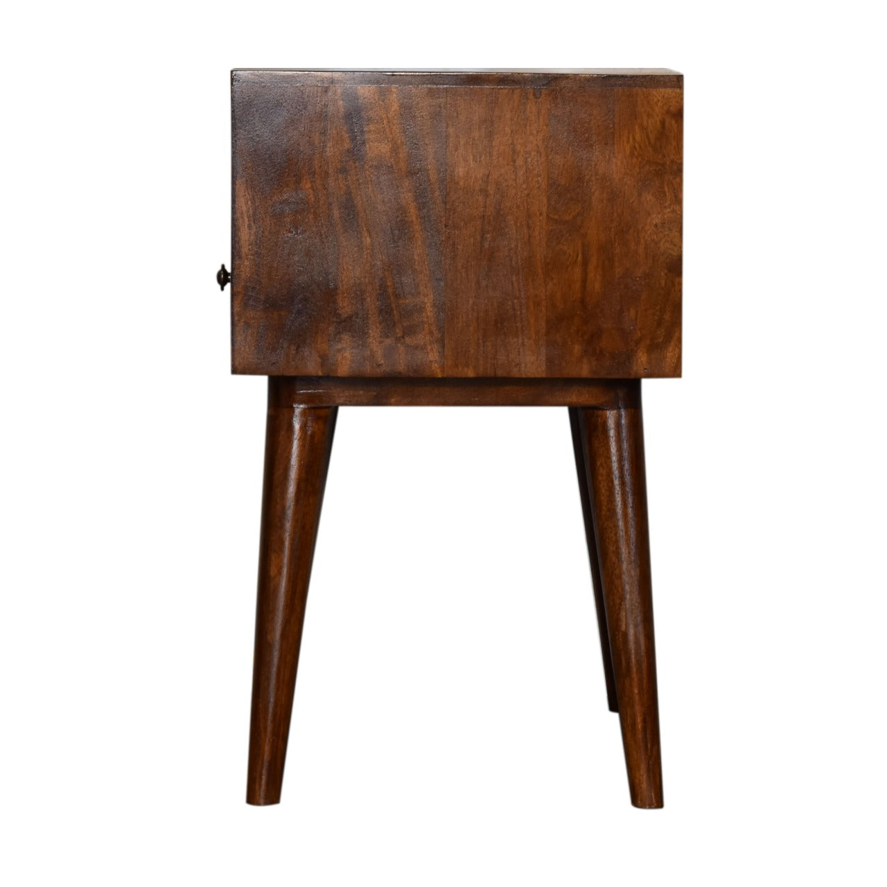 Dark wood bedside table with tapered legs featuring a single drawer and a vintage design