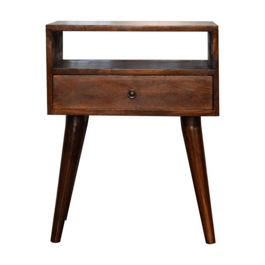 Dark wood midcentury modern bedside table with single drawer and open shelf