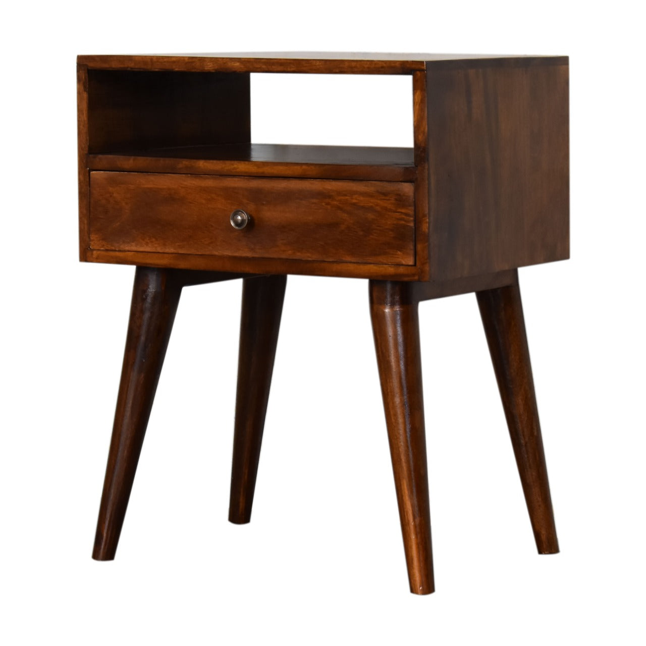 Wooden bedside table with one drawer and an open shelf in warm brown perfect for modern bedrooms