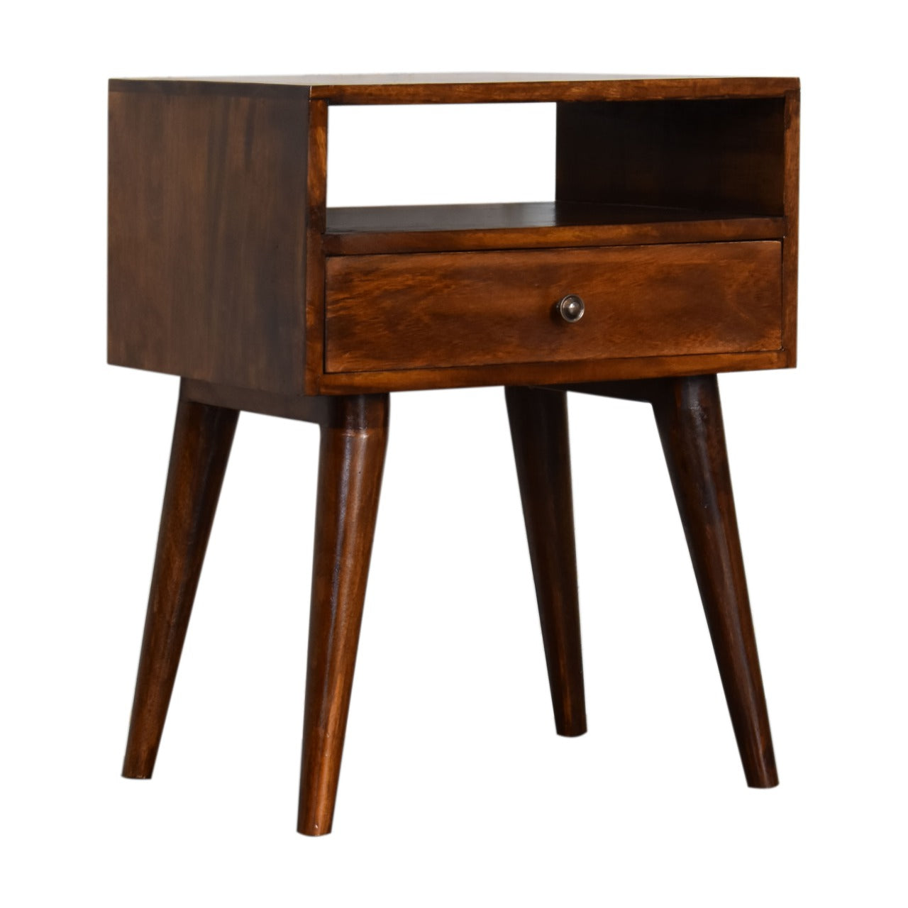 Dark wood midcentury modern nightstand with one drawer and open shelf