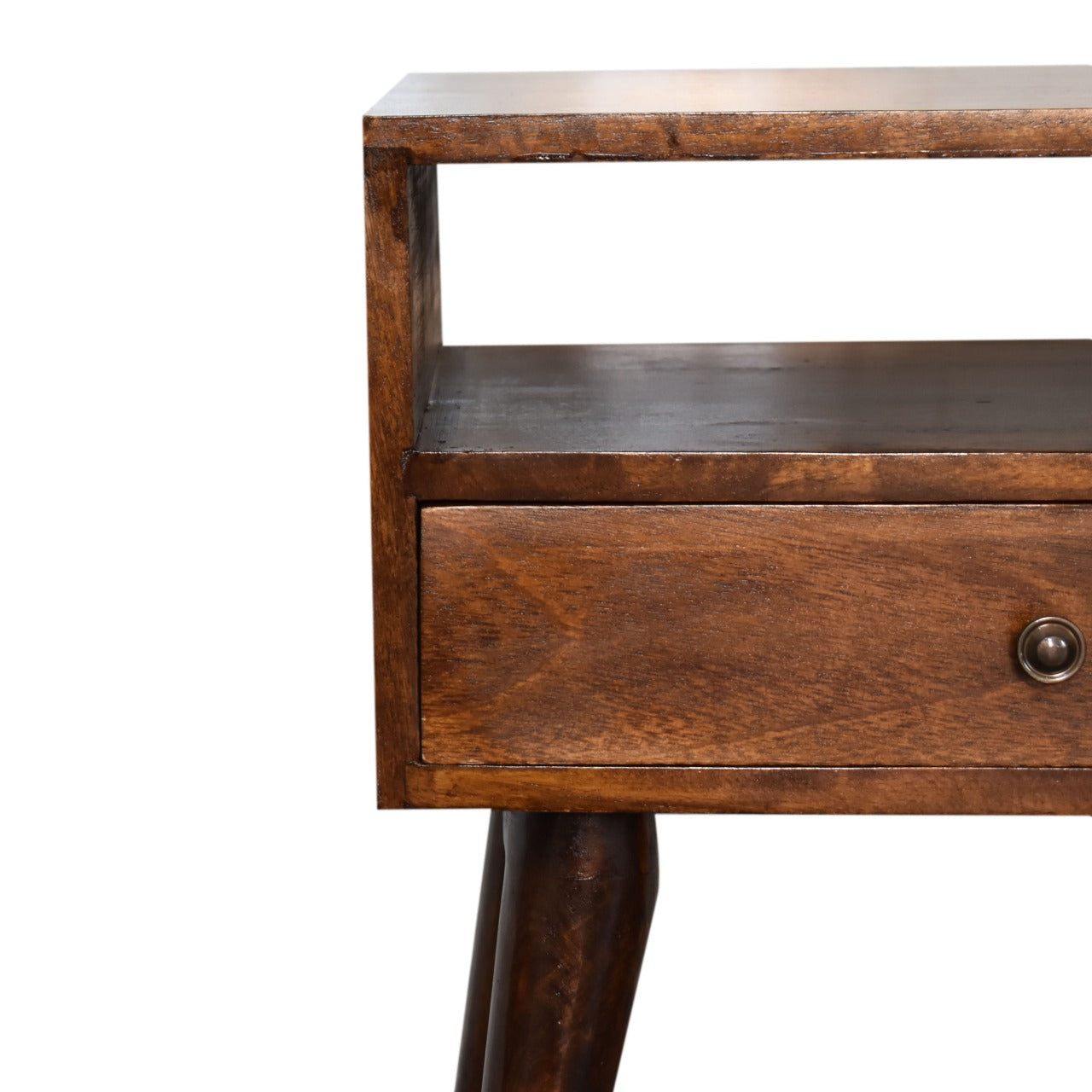 Midcentury modern walnut nightstand with tapered legs and open shelf