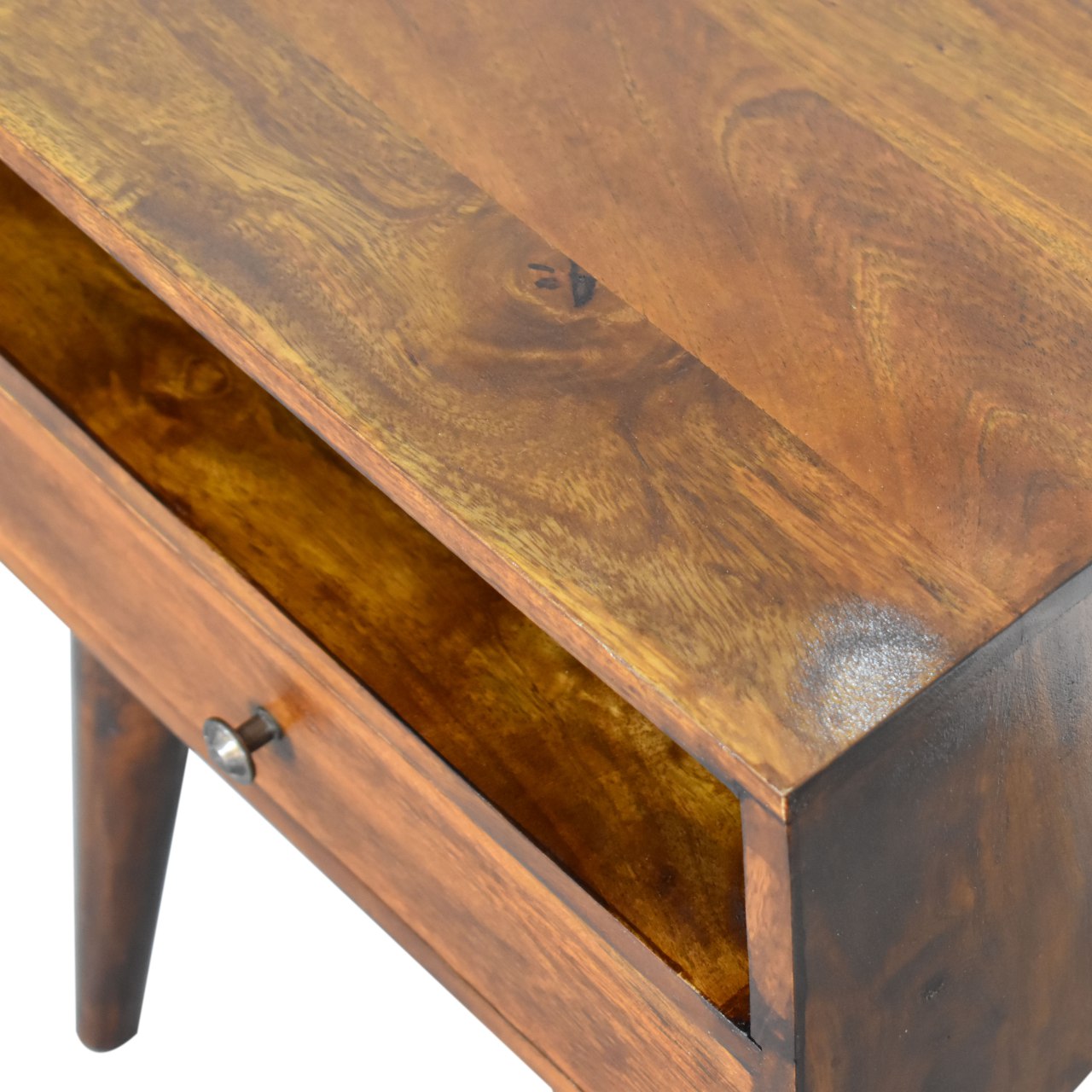 Solid mango wood console table with warm natural finish and single drawer