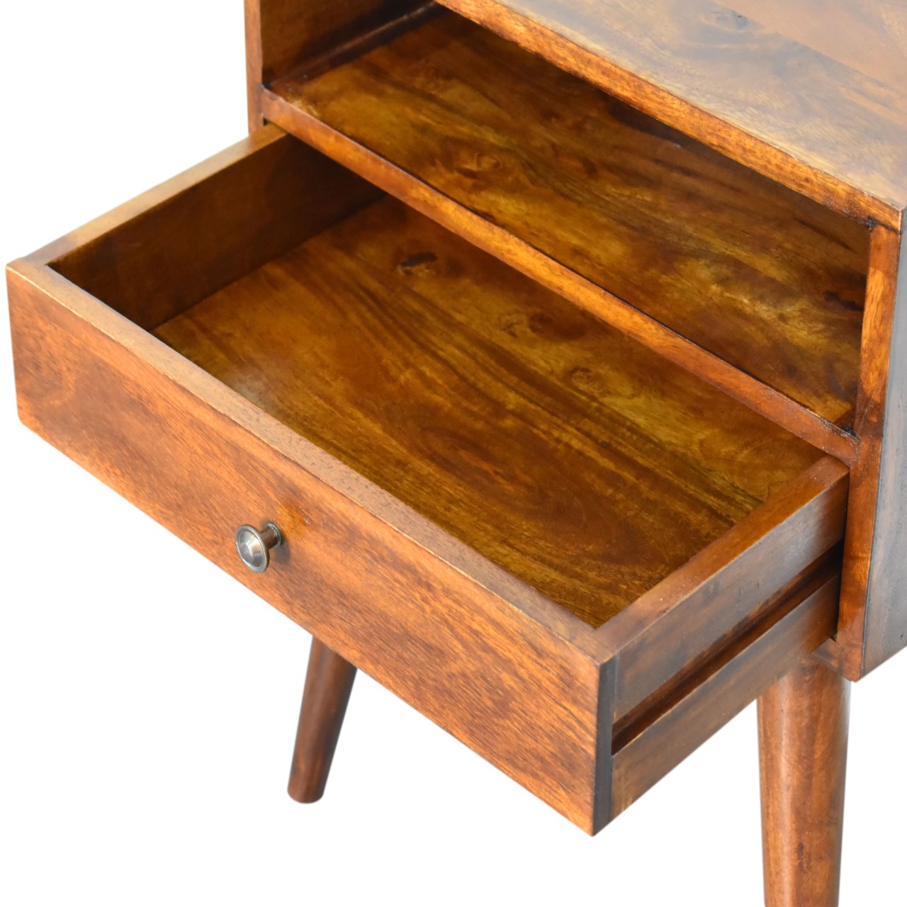 Wooden nightstand with open drawer and exposed wood grain midcentury modern style