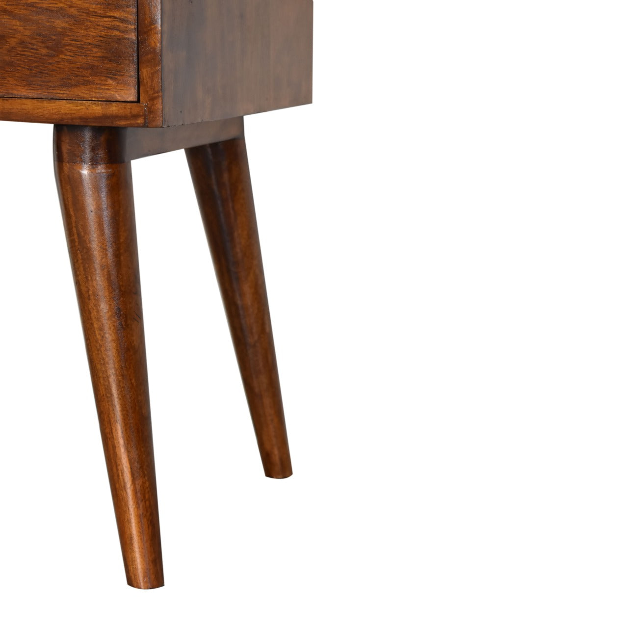 Rich brown wooden nightstand with tapered midcentury modern legs