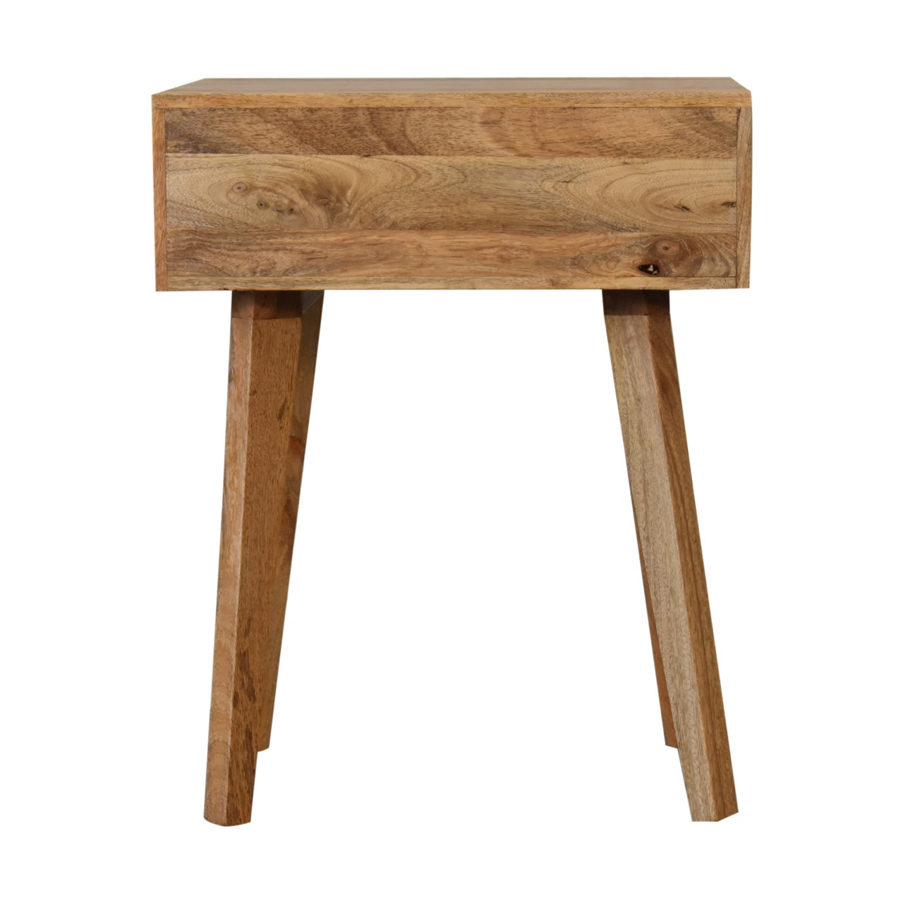 Wooden bedside table with a single drawer and tapered legs