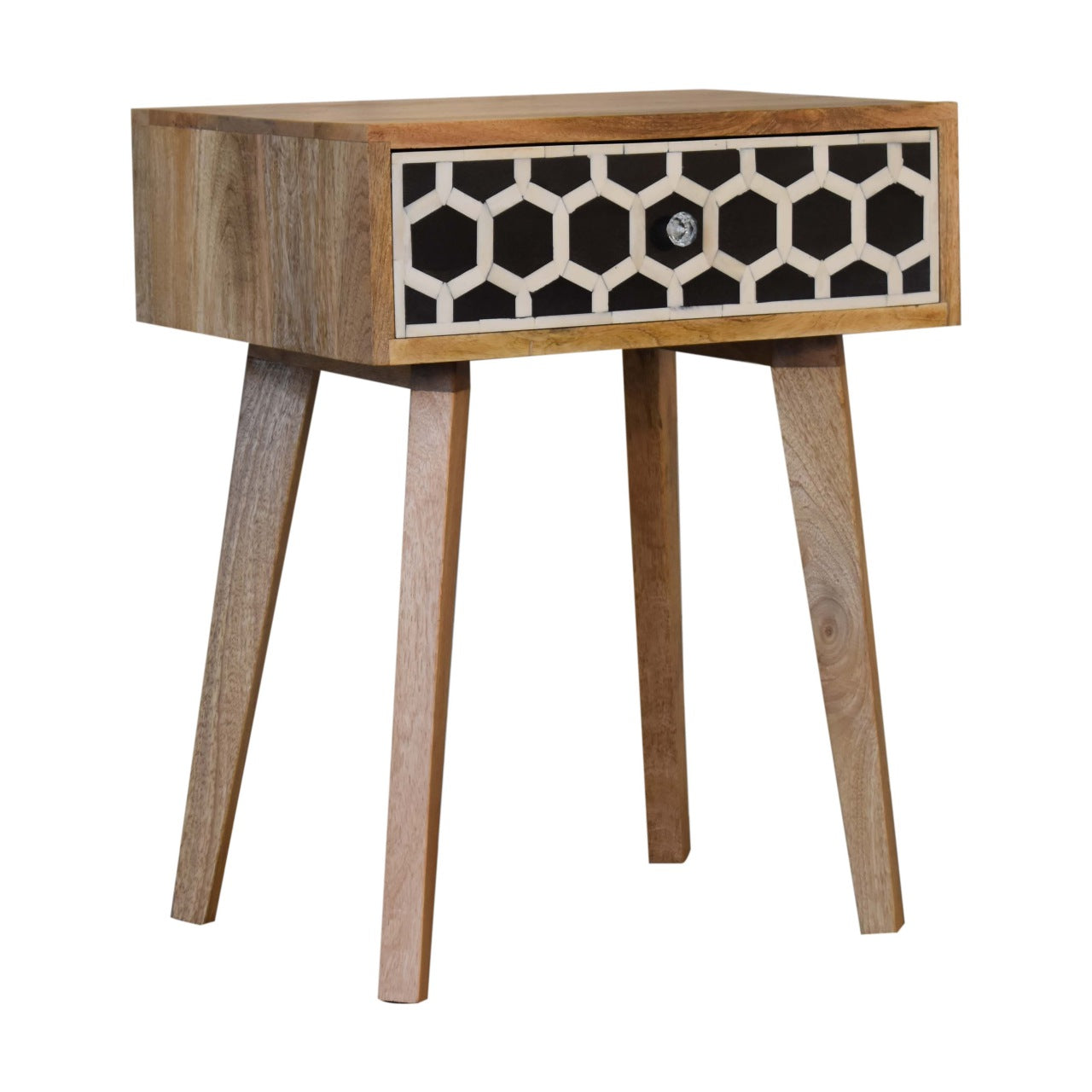 Wooden accent table with geometric bone inlay drawer and tapered legs