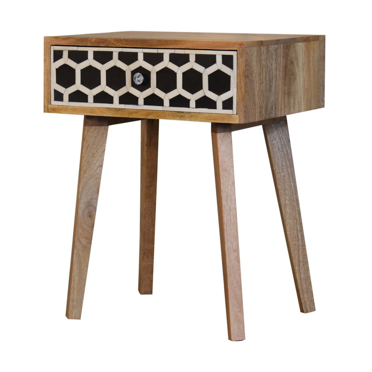 Wooden bedside table with geometric drawer front and tapered legs