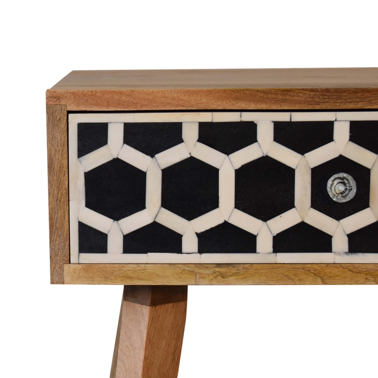Black bone inlay bedside table with hexagonal pattern and glass knob