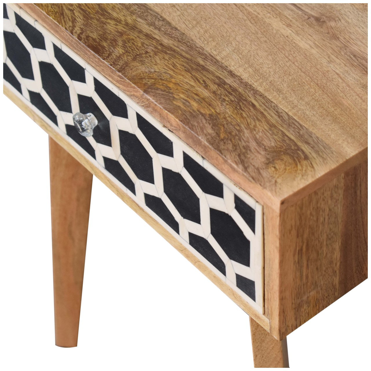 Solid mango wood bedside table with geometric black and white inlay drawer
