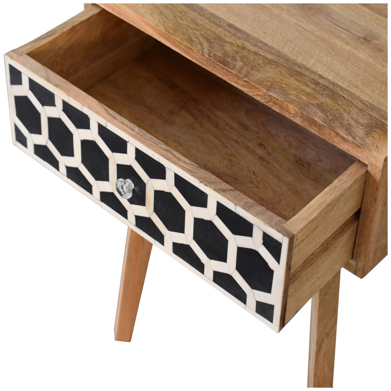 Mango wood bedside table with geometric inlaid drawer front and glass knob