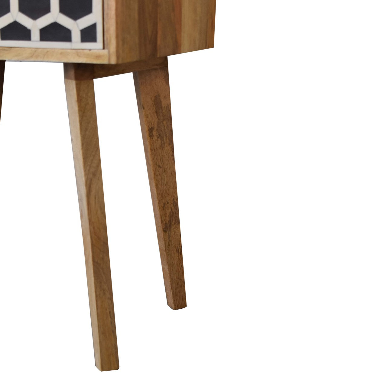 Wooden bedside table with geometric inlay drawer detail