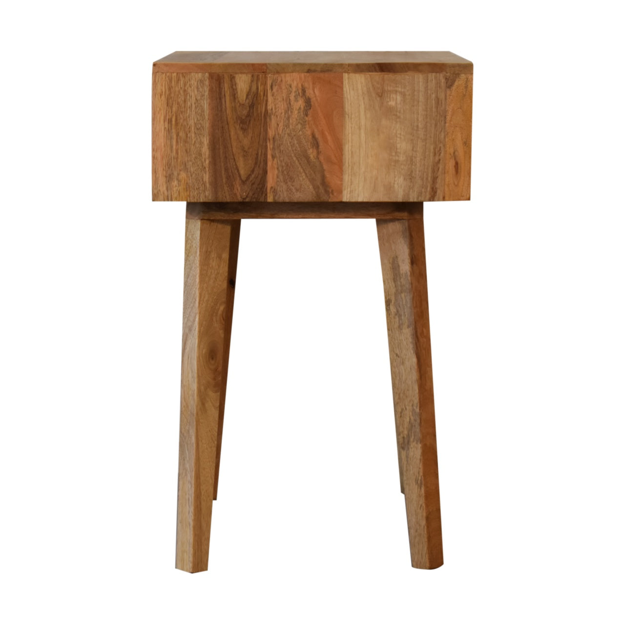 Solid mango wood bedside table with angled legs perfect for modern bedrooms