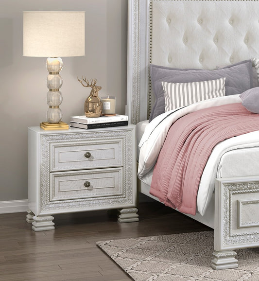 Ornate white drawer nightstand with decorative carvings