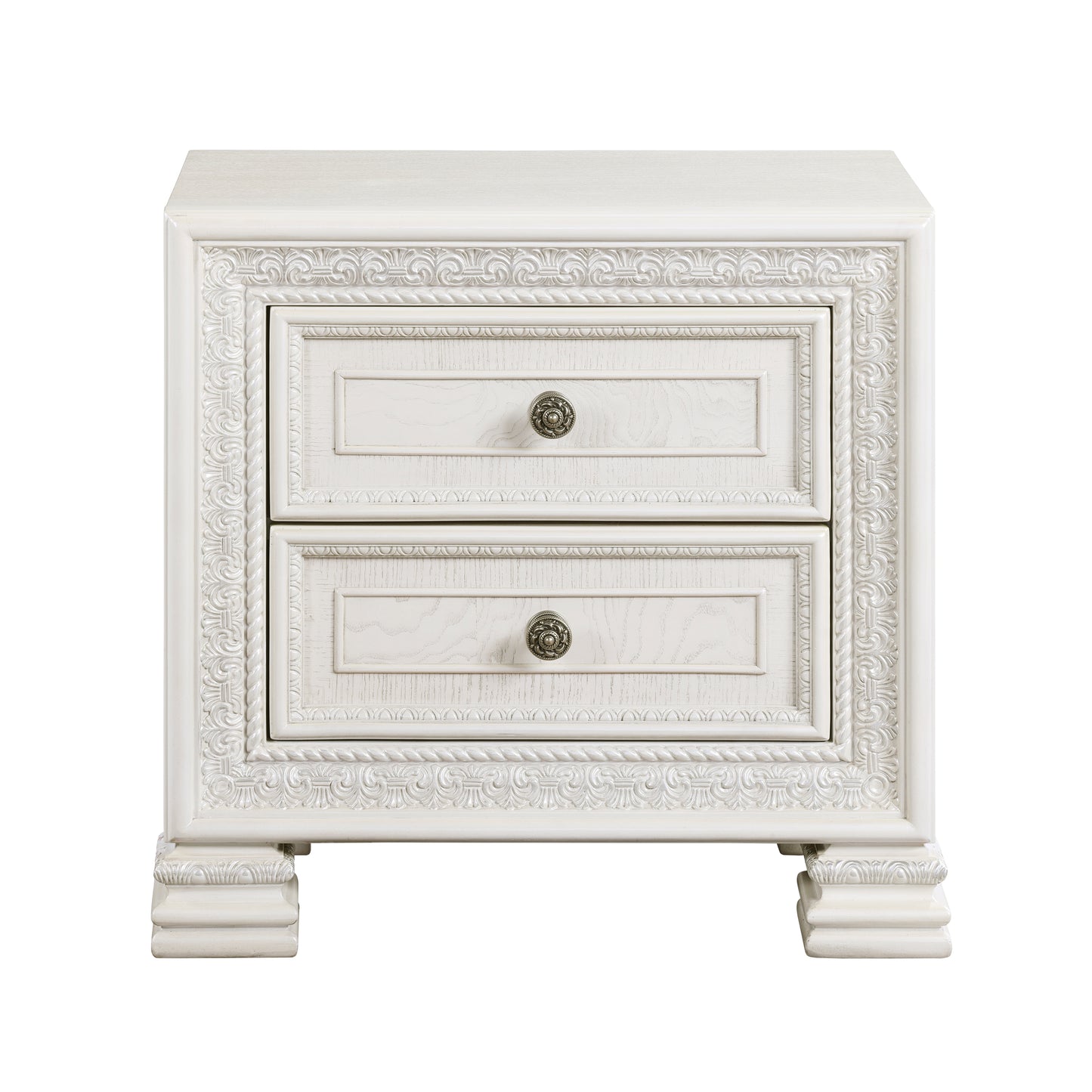 White ornate twodrawer nightstand with antique silver knobs and carved details