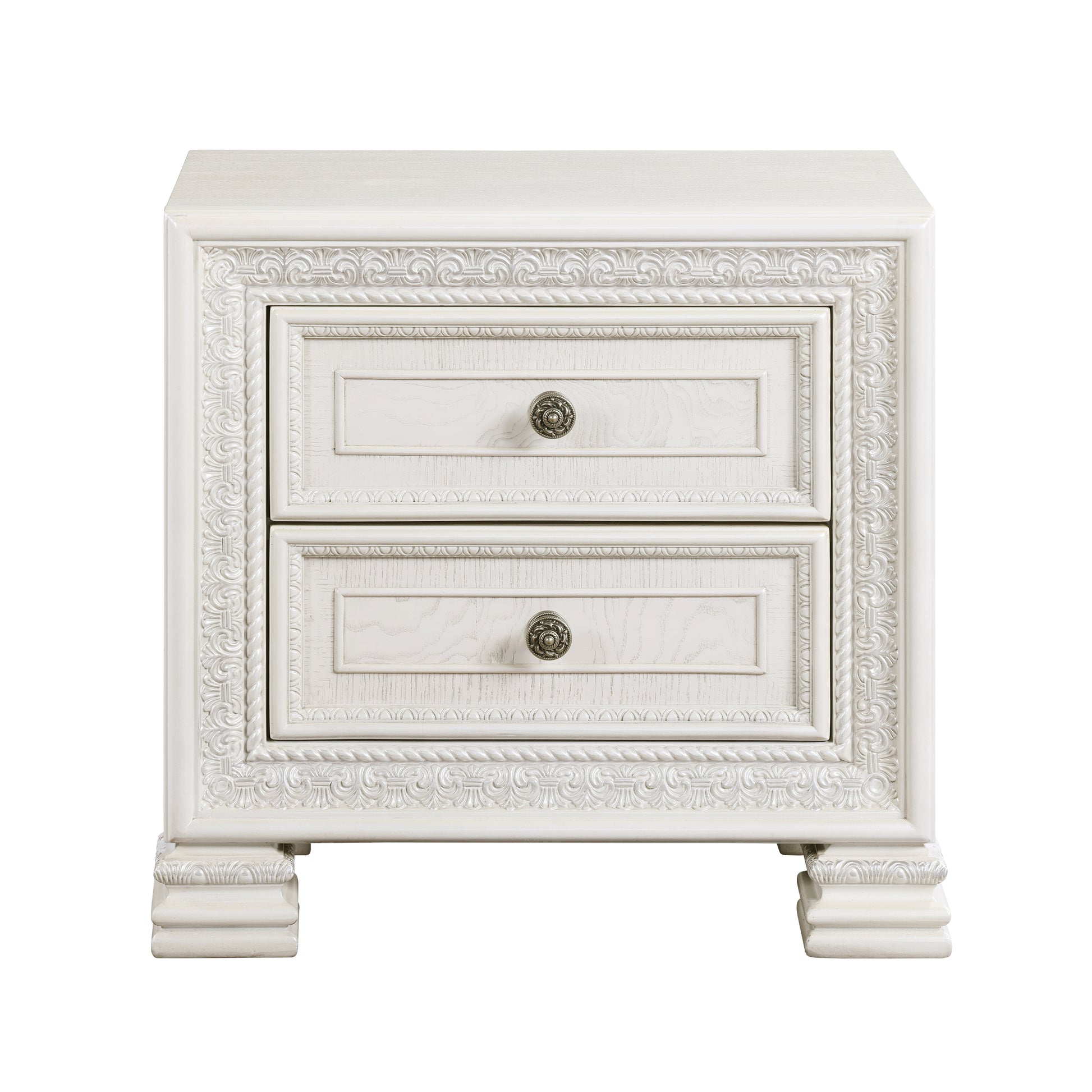 White ornate twodrawer nightstand with antique silver knobs and carved details