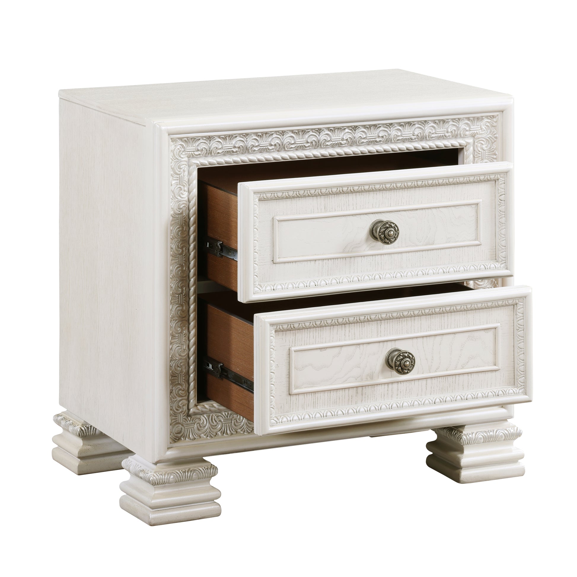 Ornate white nightstand with two drawers and decorative silver pulls