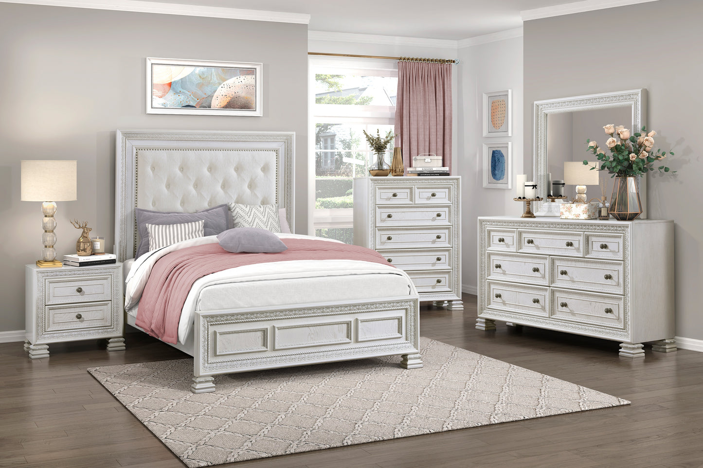 White upholstered king bed with tufted headboard and ornate detailing