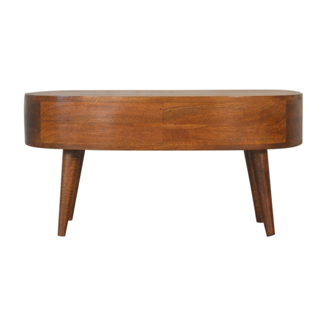 Midcentury modern wood bedside table with tapered legs and curved drawers