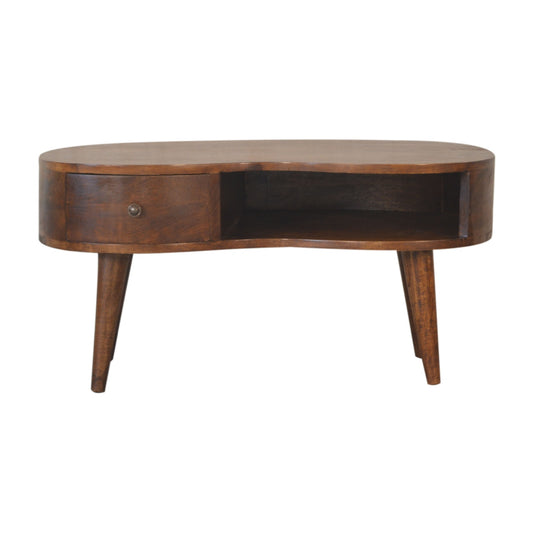 Wooden coffee table with rounded edges and a single drawer