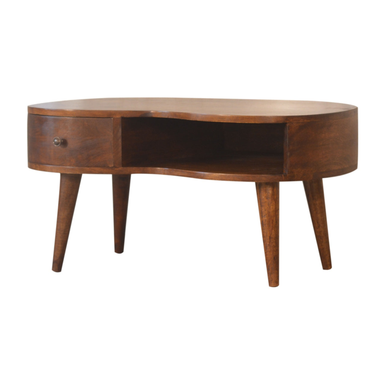 Solid mango wood kidneyshaped coffee table with drawer and open shelf