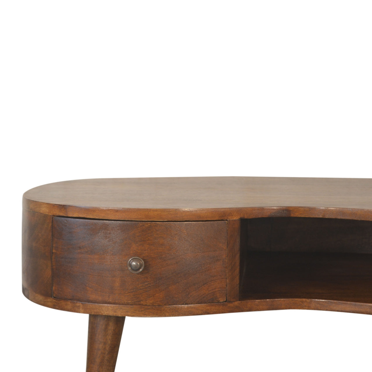 Curved wooden dressing table with one drawer and open shelf