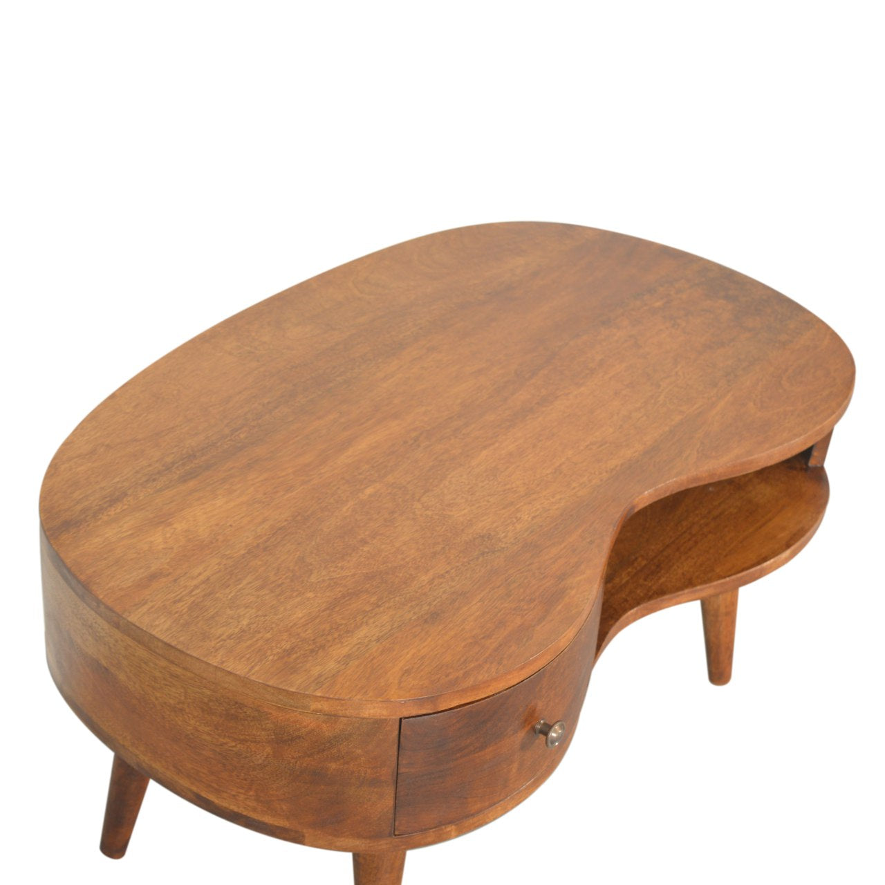 Midcentury modern kidney bean coffee table with walnut finish and single drawer