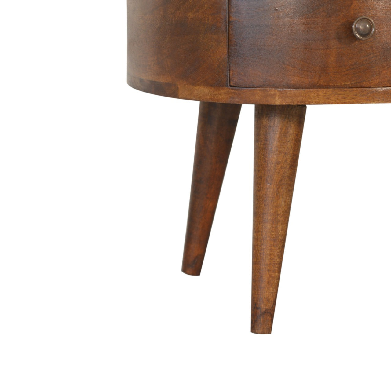 Closeup of a rich brown wooden side table with tapered legs