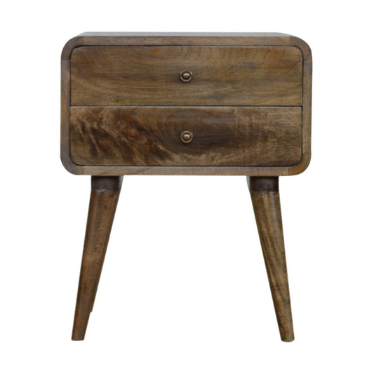 Brown mango wood bedside table with two drawers and tapered legs