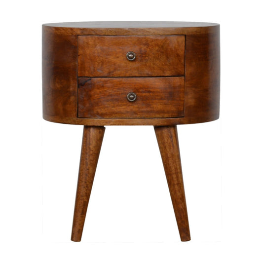 Brown wooden bedside table with two drawers and tapered legs