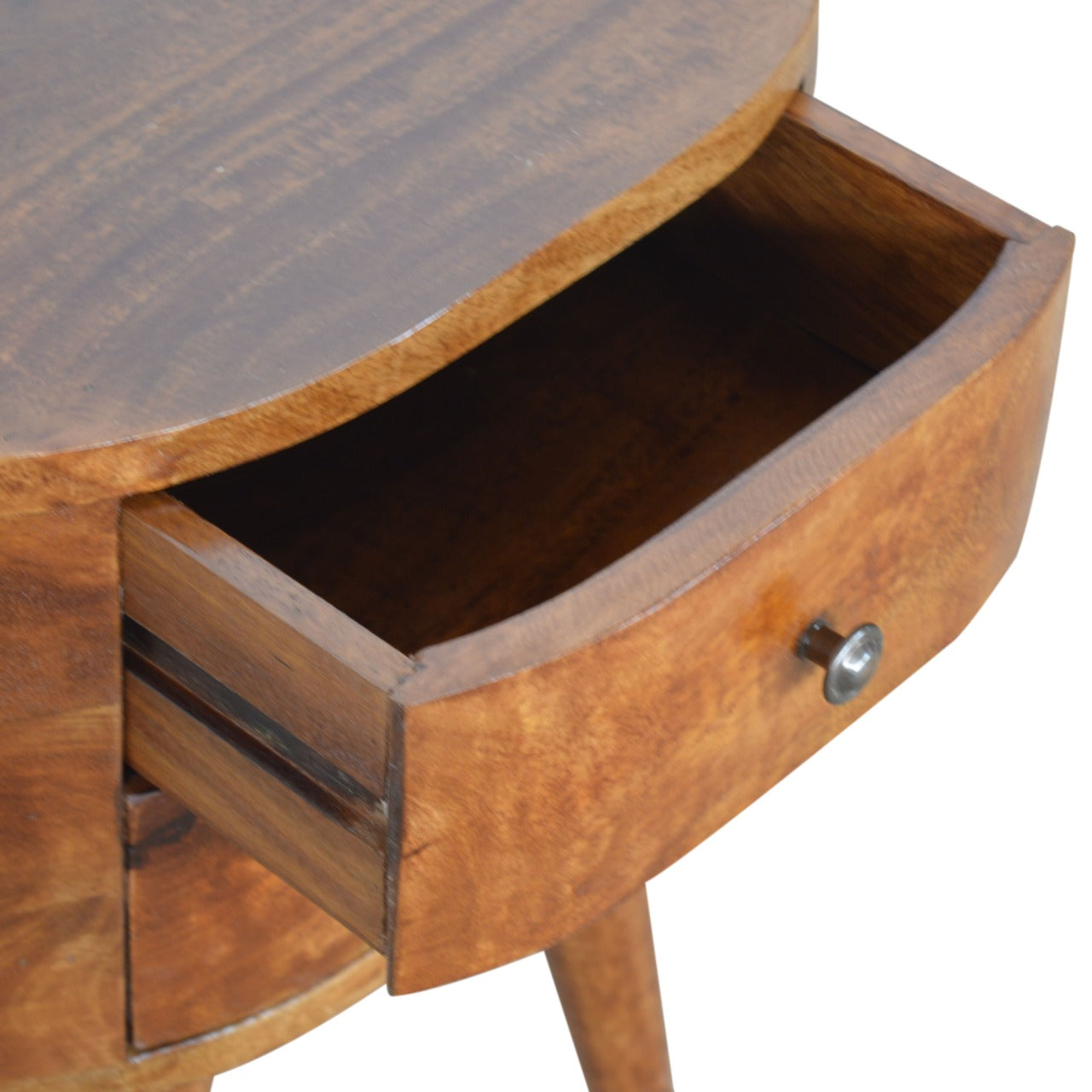Wooden side table with an open drawer and simple metal knob