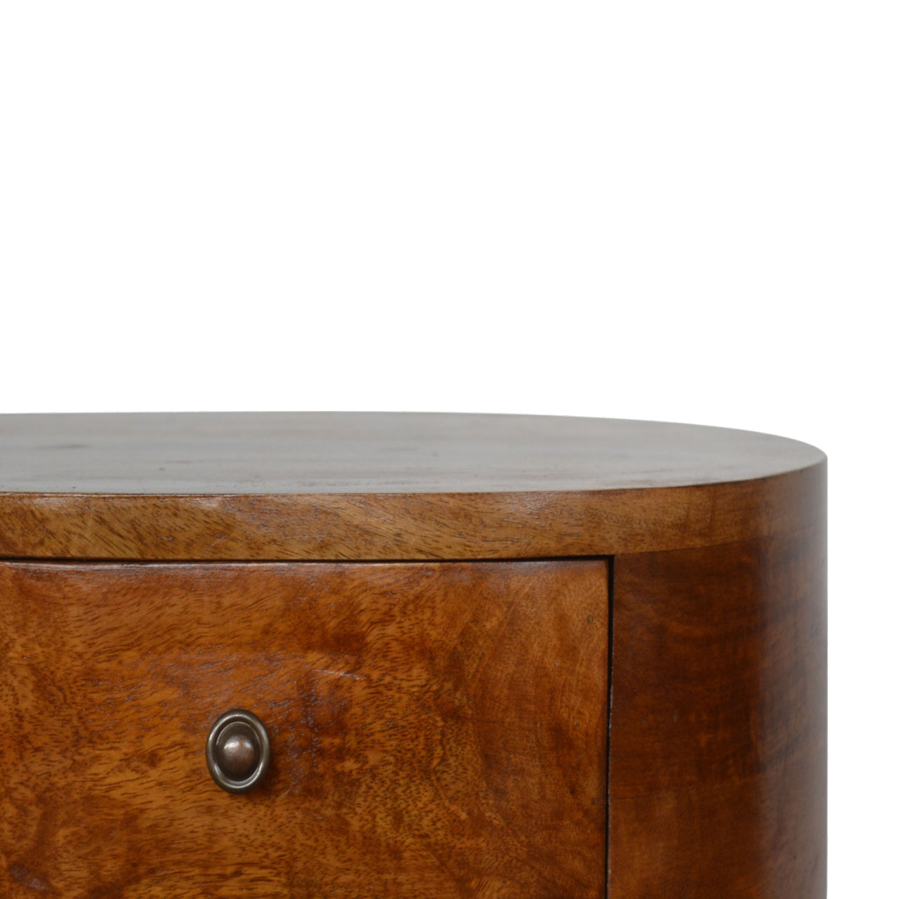 Curved wooden bedside table with a single drawer and round metal knob