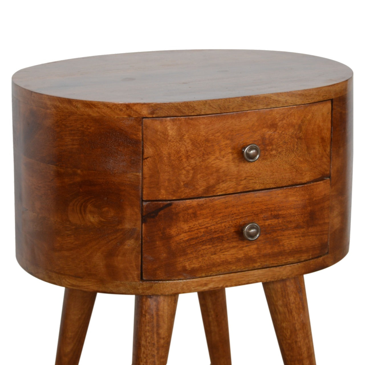 Round wooden bedside table with two drawers and tapered legs