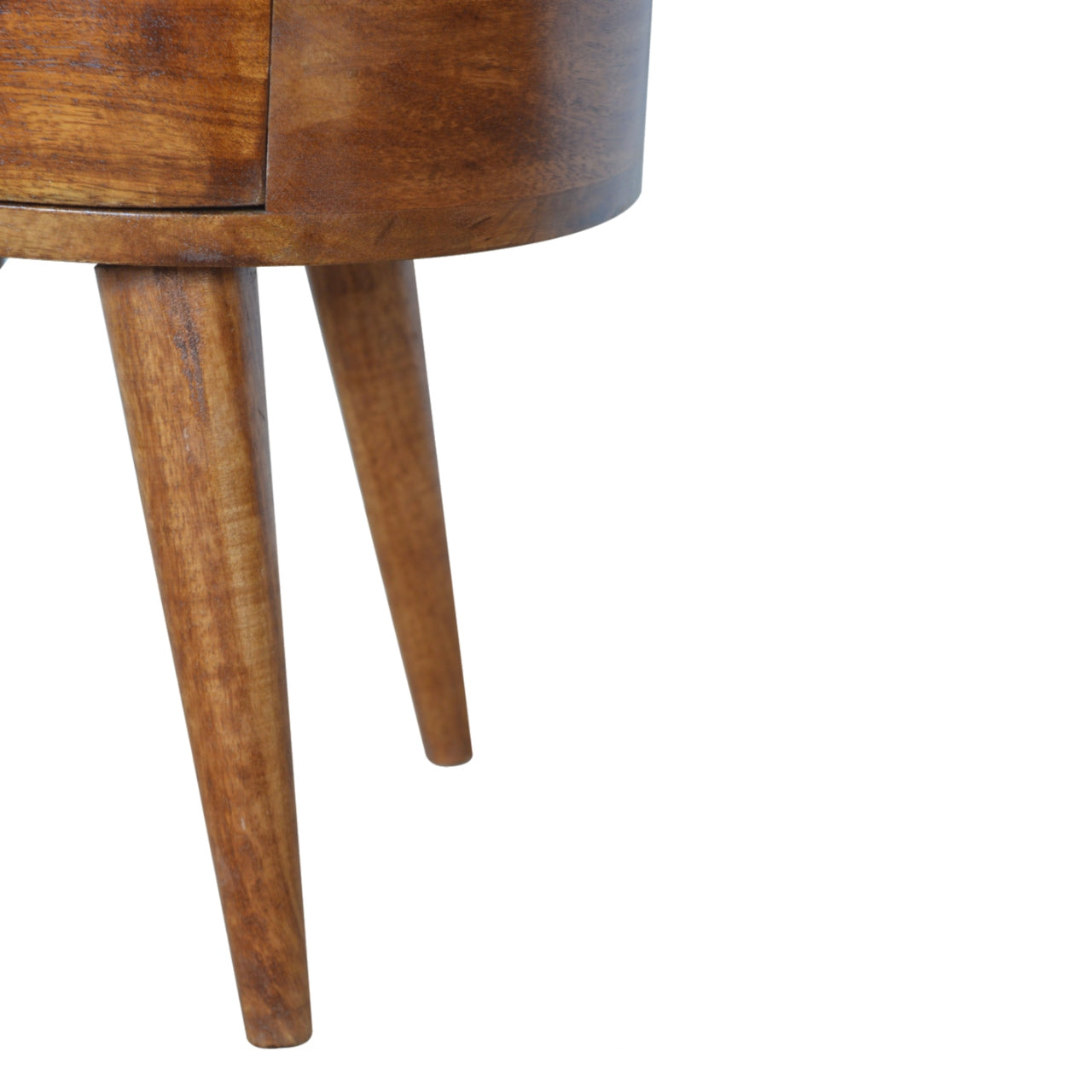 Solid wood end table with tapered legs and a single drawer midcentury modern style