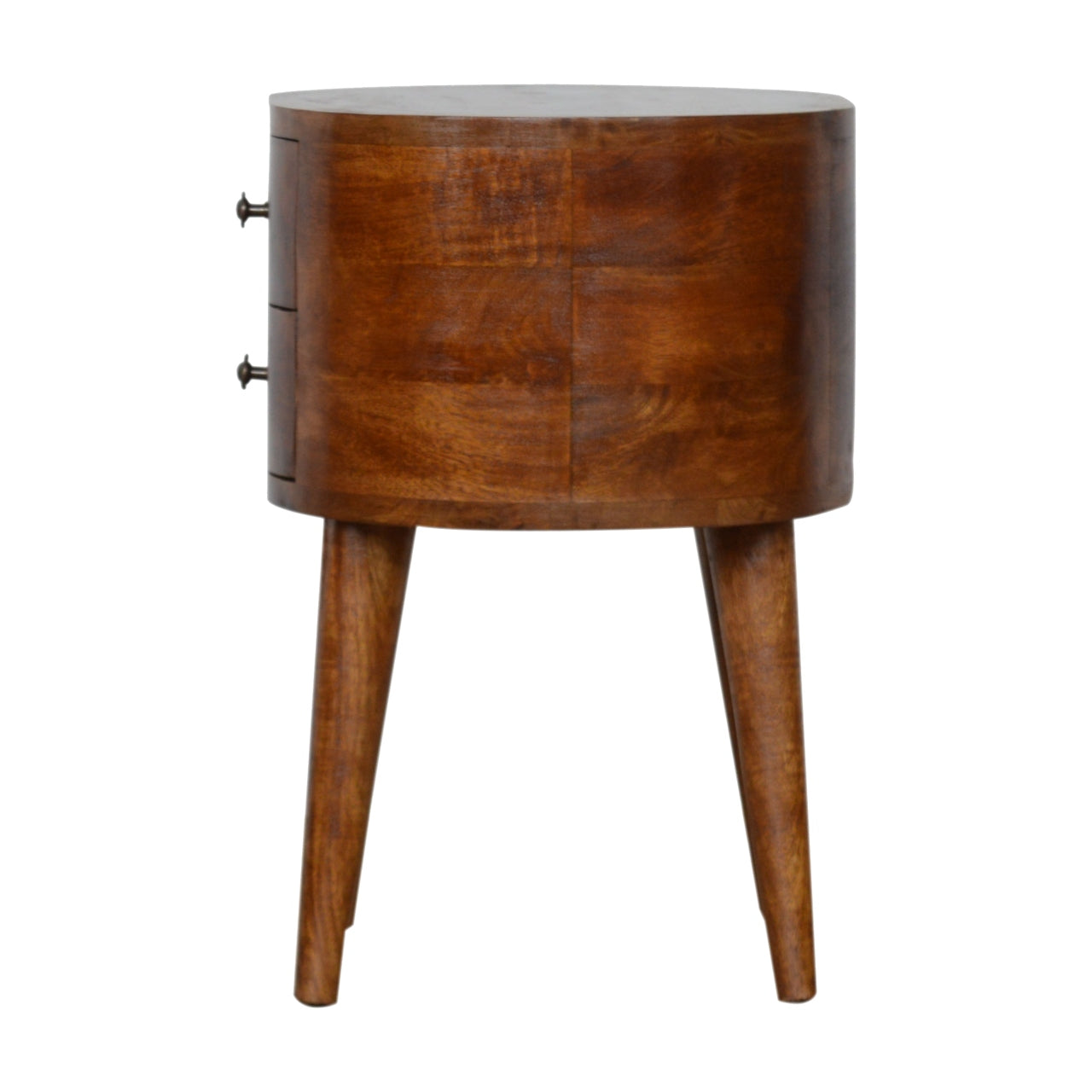 Round brown wood bedside table with two drawers and tapered legs