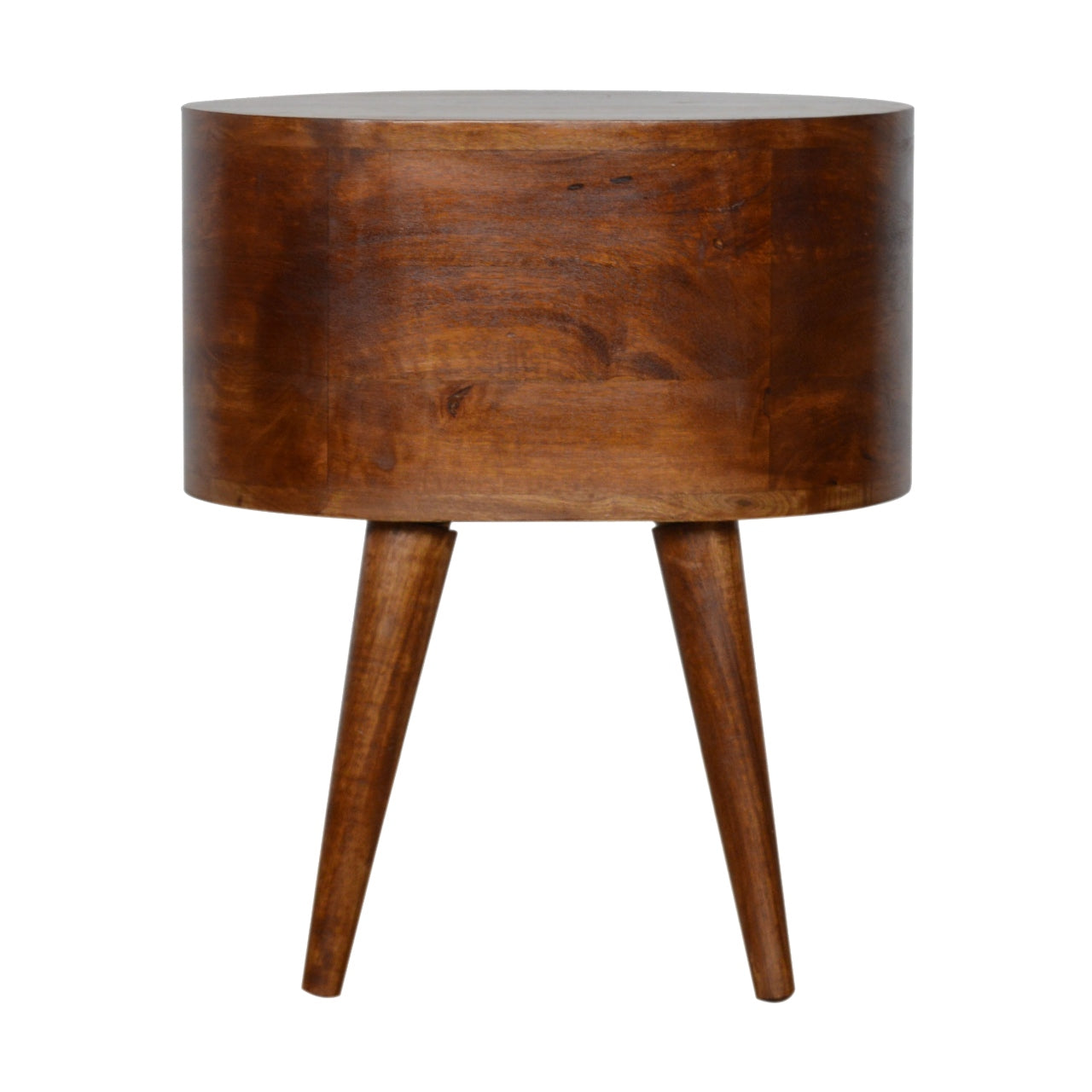 Round wooden bedside table with tapered legs rich brown finish