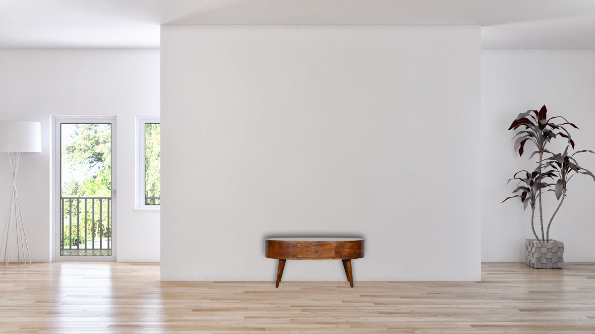 Midcentury modern oval wood console table with single drawer and tapered legs