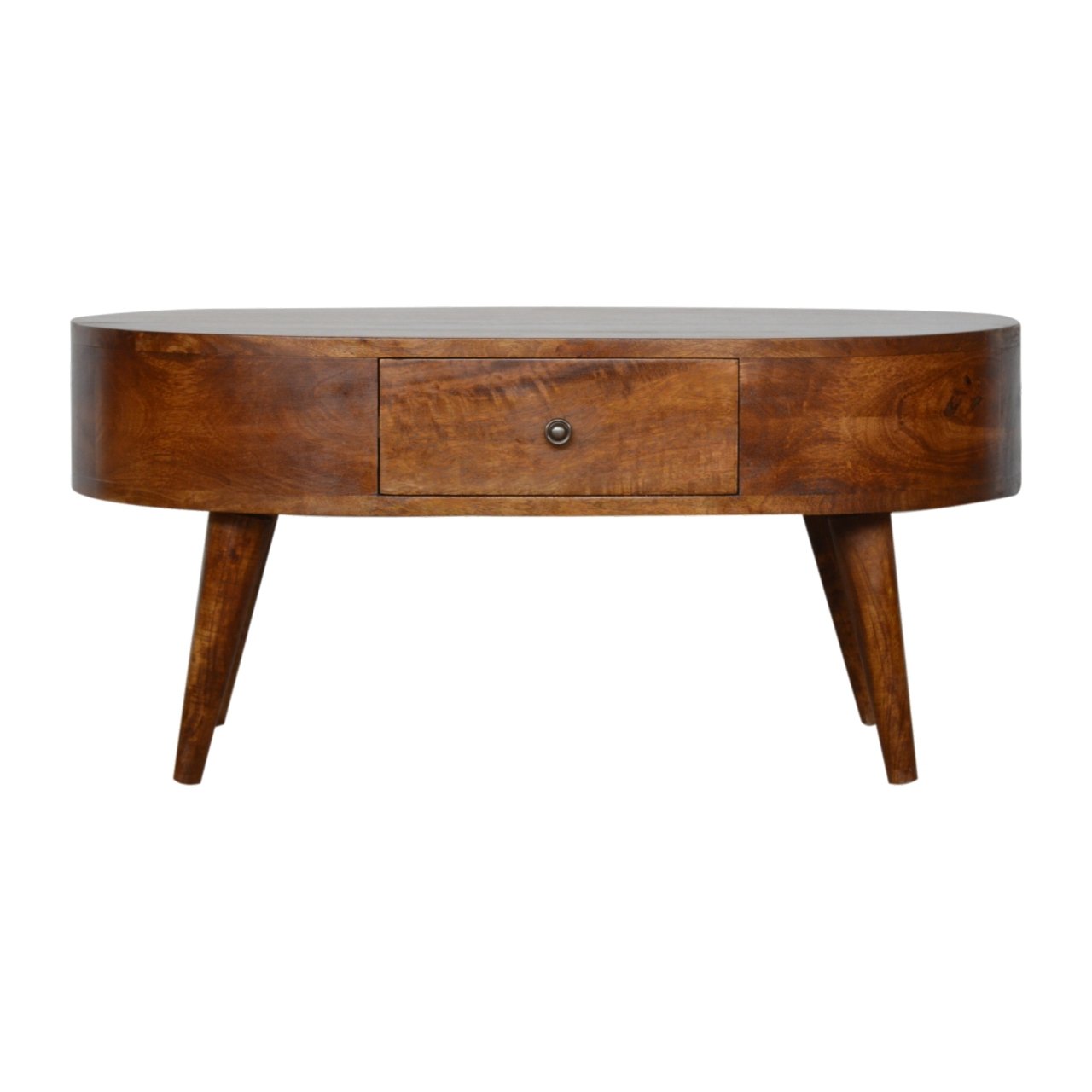 Oval wood coffee table with tapered legs and a single drawer