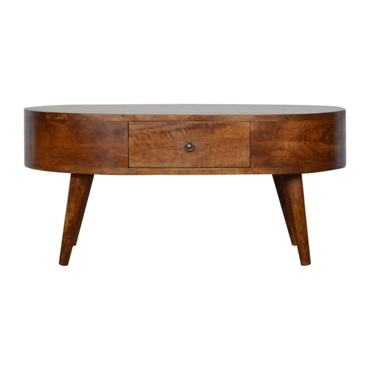 Oval wood coffee table with tapered legs and a single drawer