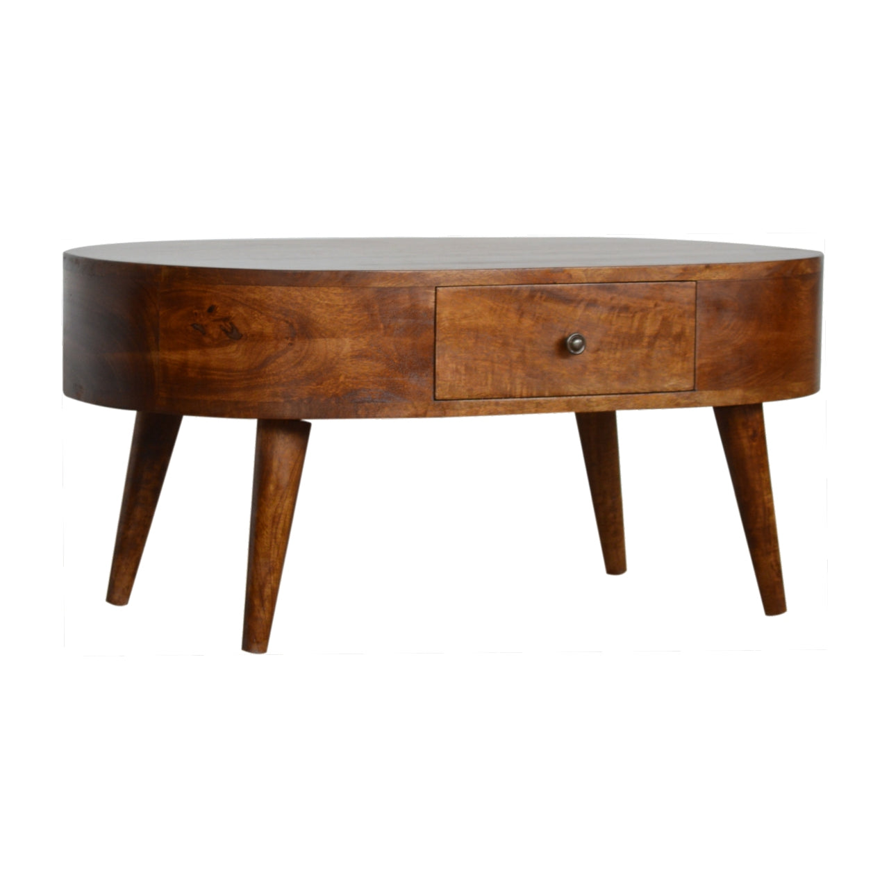 Round wooden coffee table with carved detail and one drawer