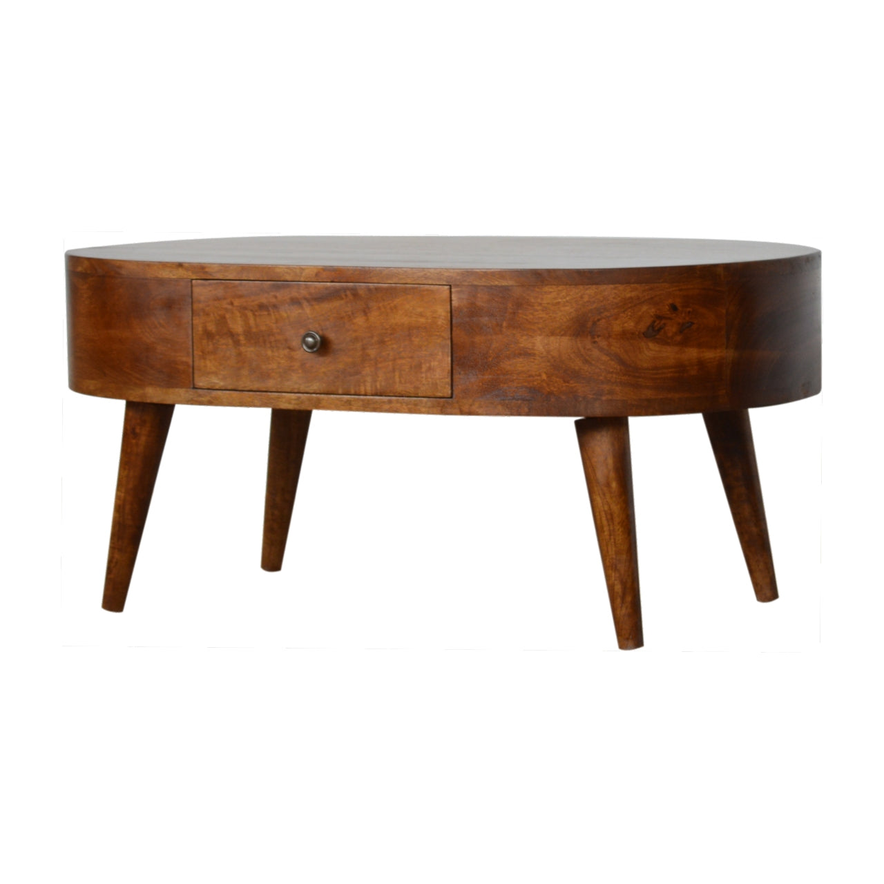 Midcentury modern wooden coffee table with carved drawer and tapered legs