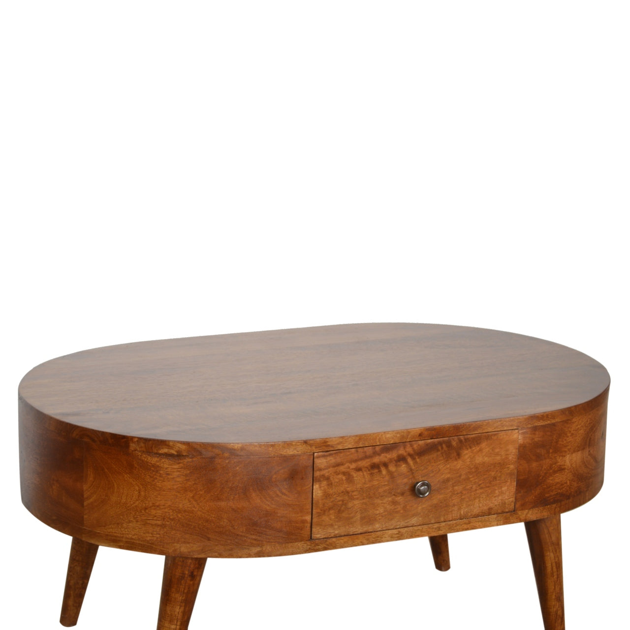 Oval wooden coffee table with single drawer and tapered legs