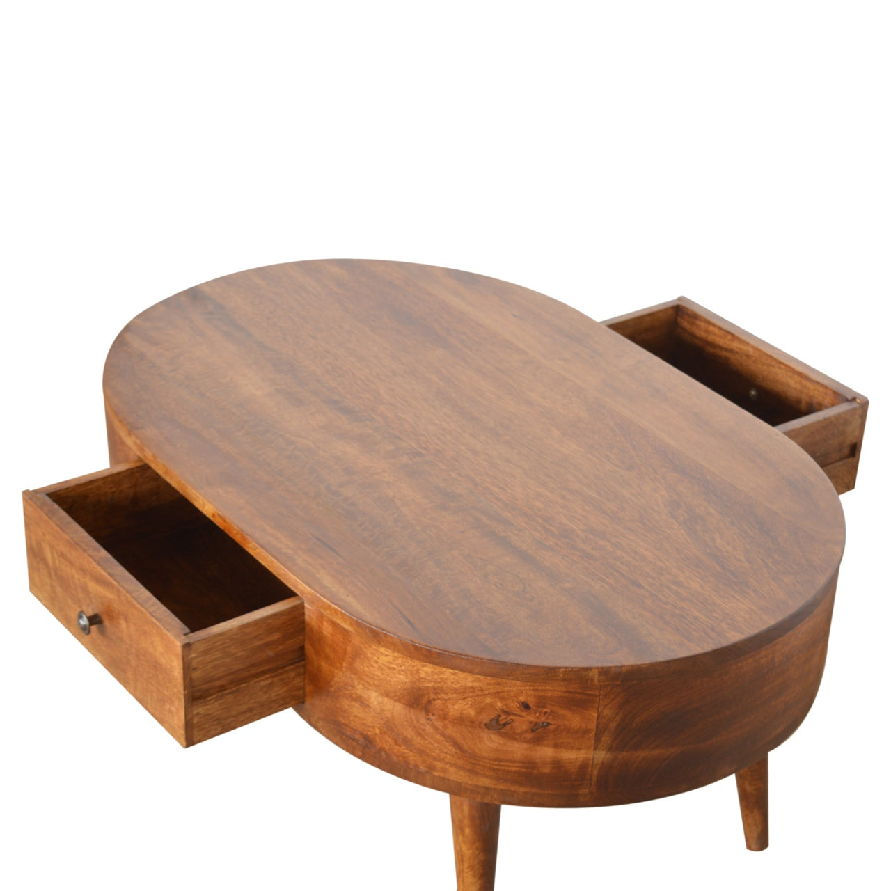 Solid wood oval coffee table with two pullout drawers natural finish