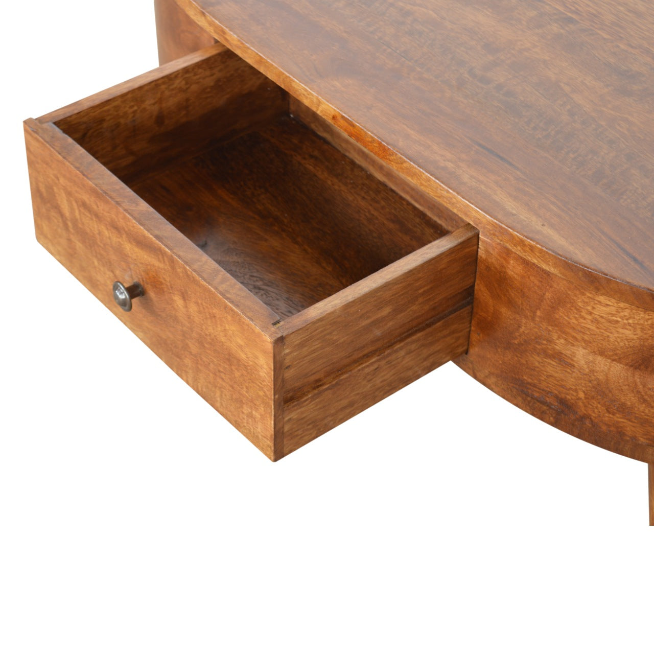 Solid mango wood desk with one open drawer and metal knob