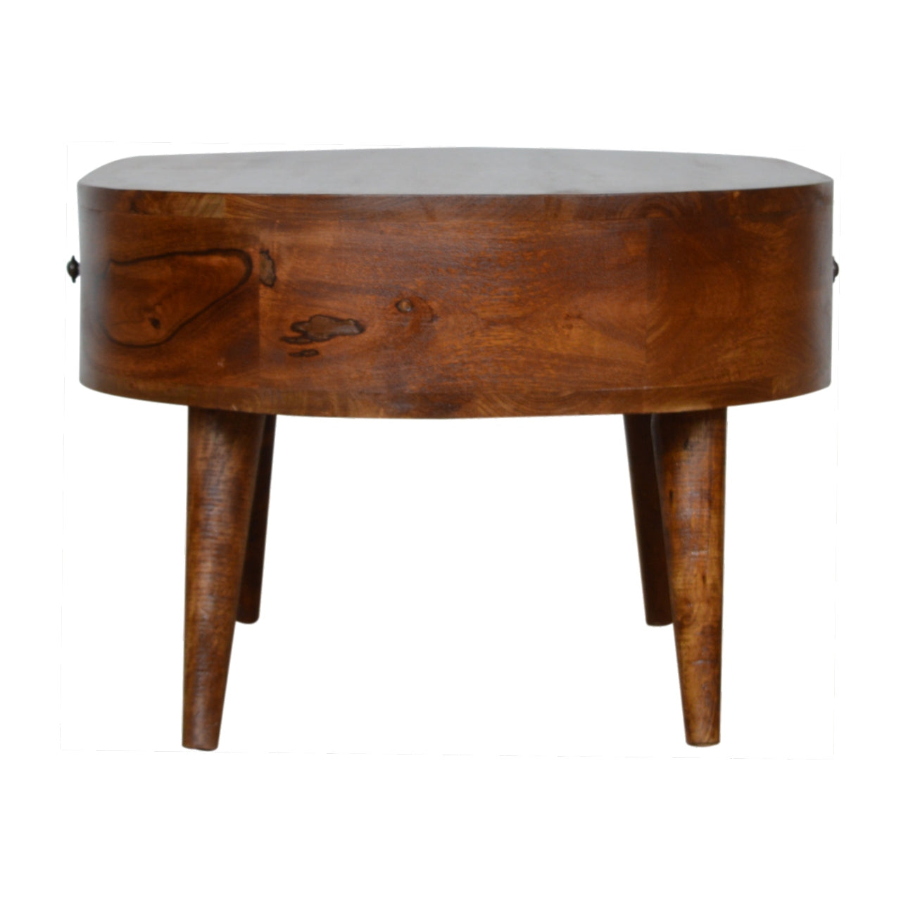 Round wooden side table with tapered legs and a grey textured top